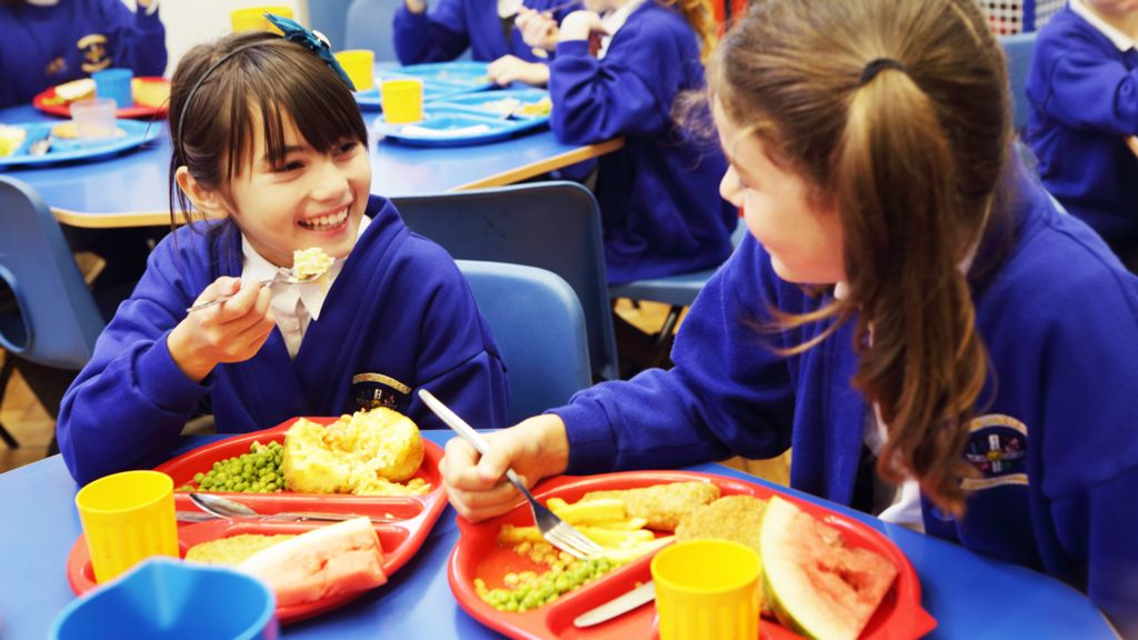 Primary school girls enjoying lunch