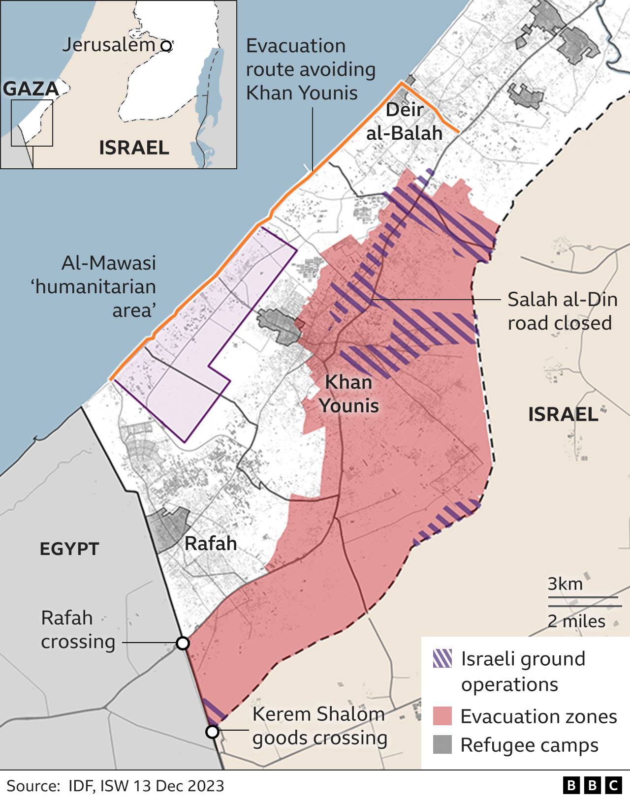 Map showing area of south eastern Gaza told to evacuate and that Israeli ground operations have started in an area north of Khan Younis
