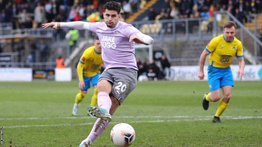 Rúben Rodrigues scored Notts' second goal from the spot at Plainmoor, but then got sent off