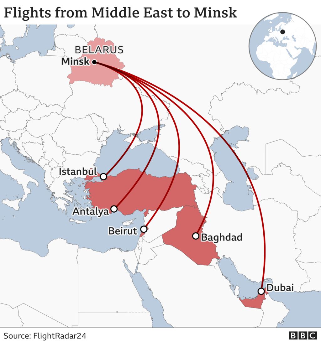 Map showing main direct flight routes from Middle East to Belarus