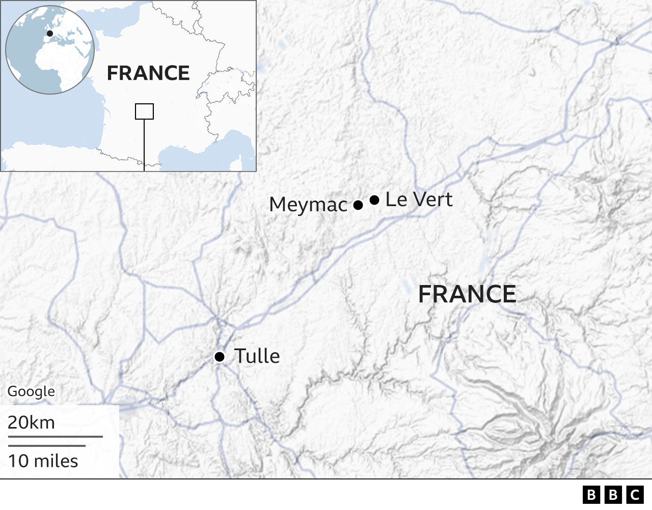 Map showing area of central France and locations of Tulle, Meymac and Le Vert