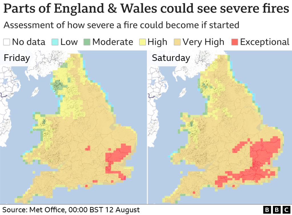 Карта, показывающая районы Великобритании, подверженные риску пожаров из-за сухой погоды.