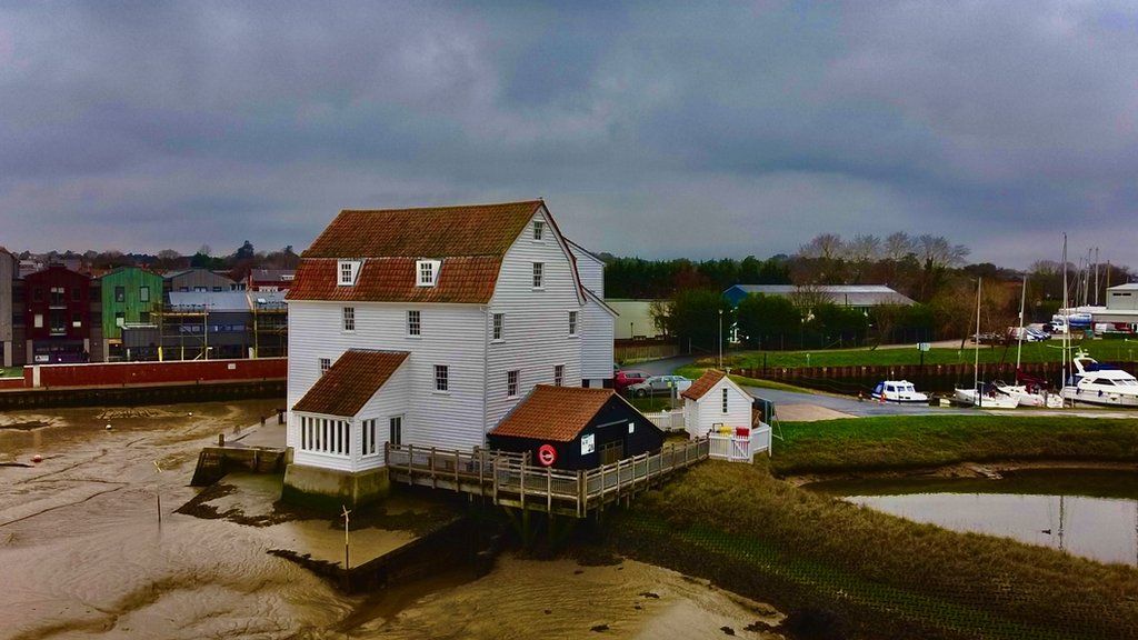 Drone photograph of the exterior of Woodbridge Mill