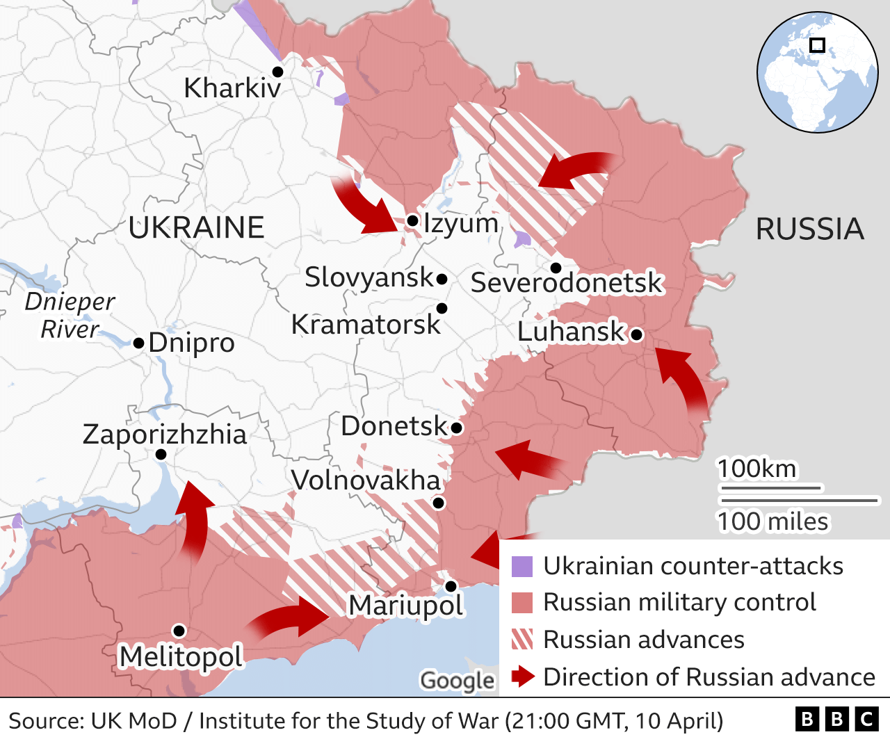 Map showing east Ukraine. Updated 11 April