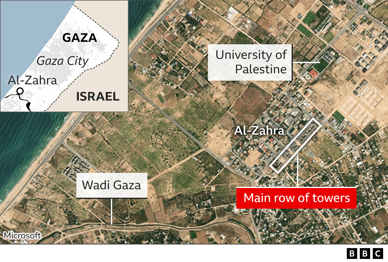 Mapa de Al-Zahra mostrando a localização de suas torres principais e a proximidade com Wadi Gaza