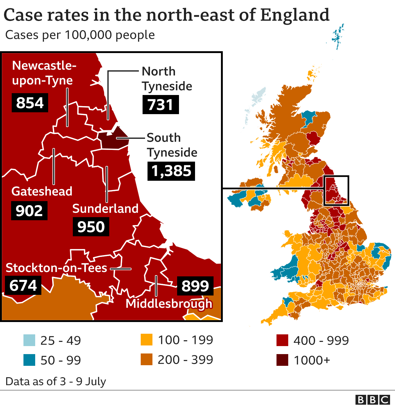 map showing case rates in the north-east