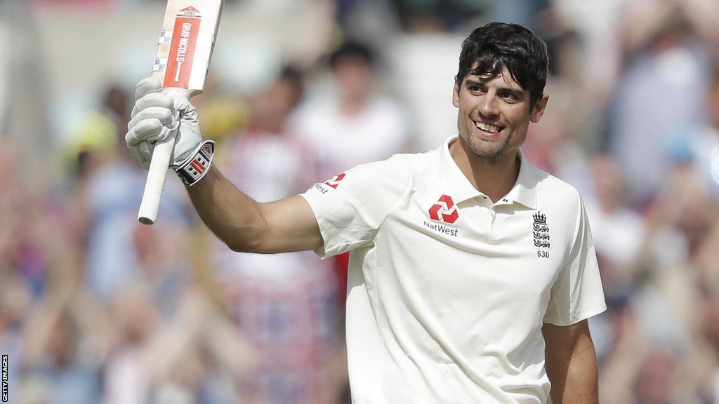 Alastair Cook raises his bat after hitting a century in his final Test innings - against India at The Oval in 2018