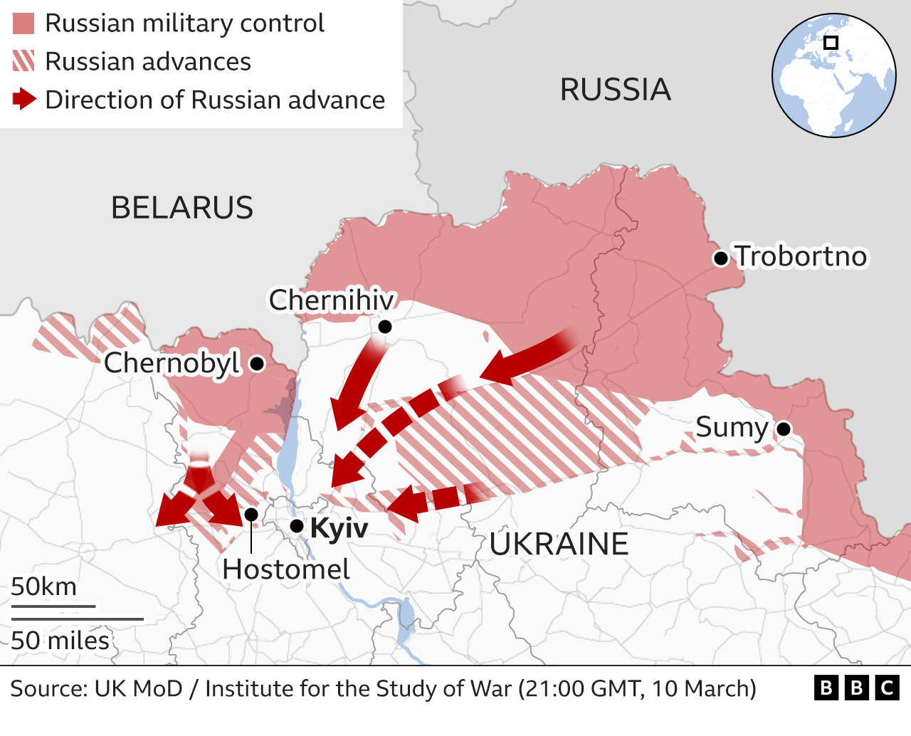 Map of areas under Russian attack or control