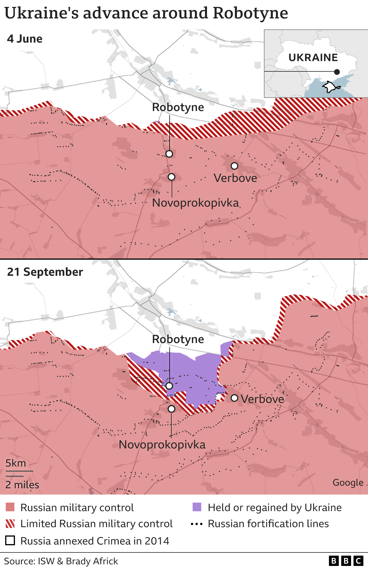 Before and after map showing Russian and Ukrainian positions on 4 June and 21 September which shows how Ukraine has advanced around Robotyne