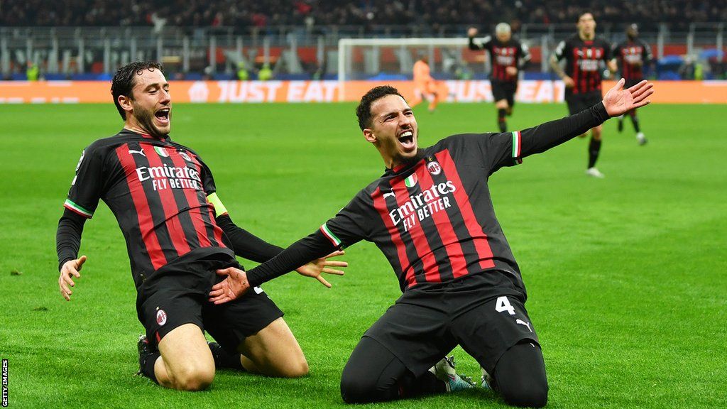 Ismael Bennacer celebrates giving AC Milan the lead against Napoli in the Champions League quarter-finals with team-mate Davide Calabria