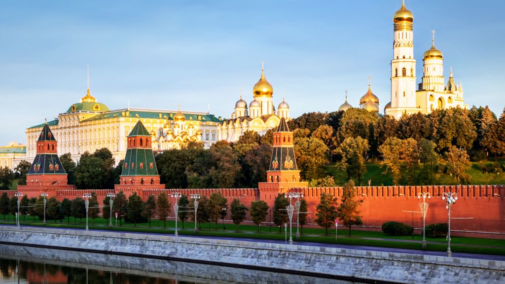 The crenellated red walls of the Kremlin in Moscow