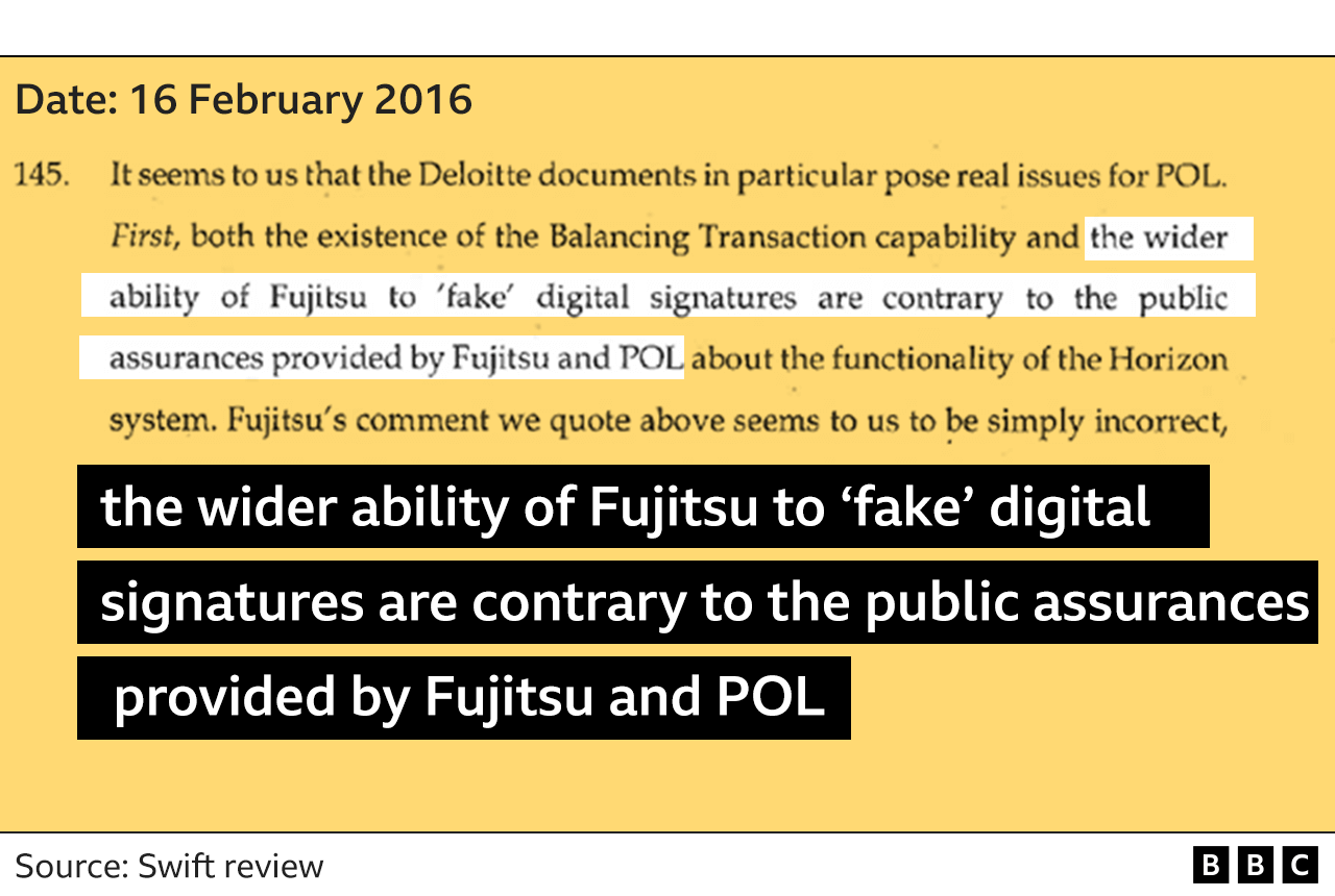 Graphic showing extract from the Swift review with highlighted passage saying: "the wider ability of Fujitsu to 'fake' digital signatures are contrary to the public assurances provided by Fujitsu and POL" - referring to Post Office Limited