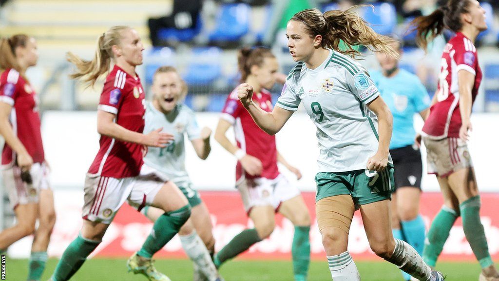 Simone Magill celebrates her penalty equaliser for Northern Ireland against Hungary in the Women's Nations League