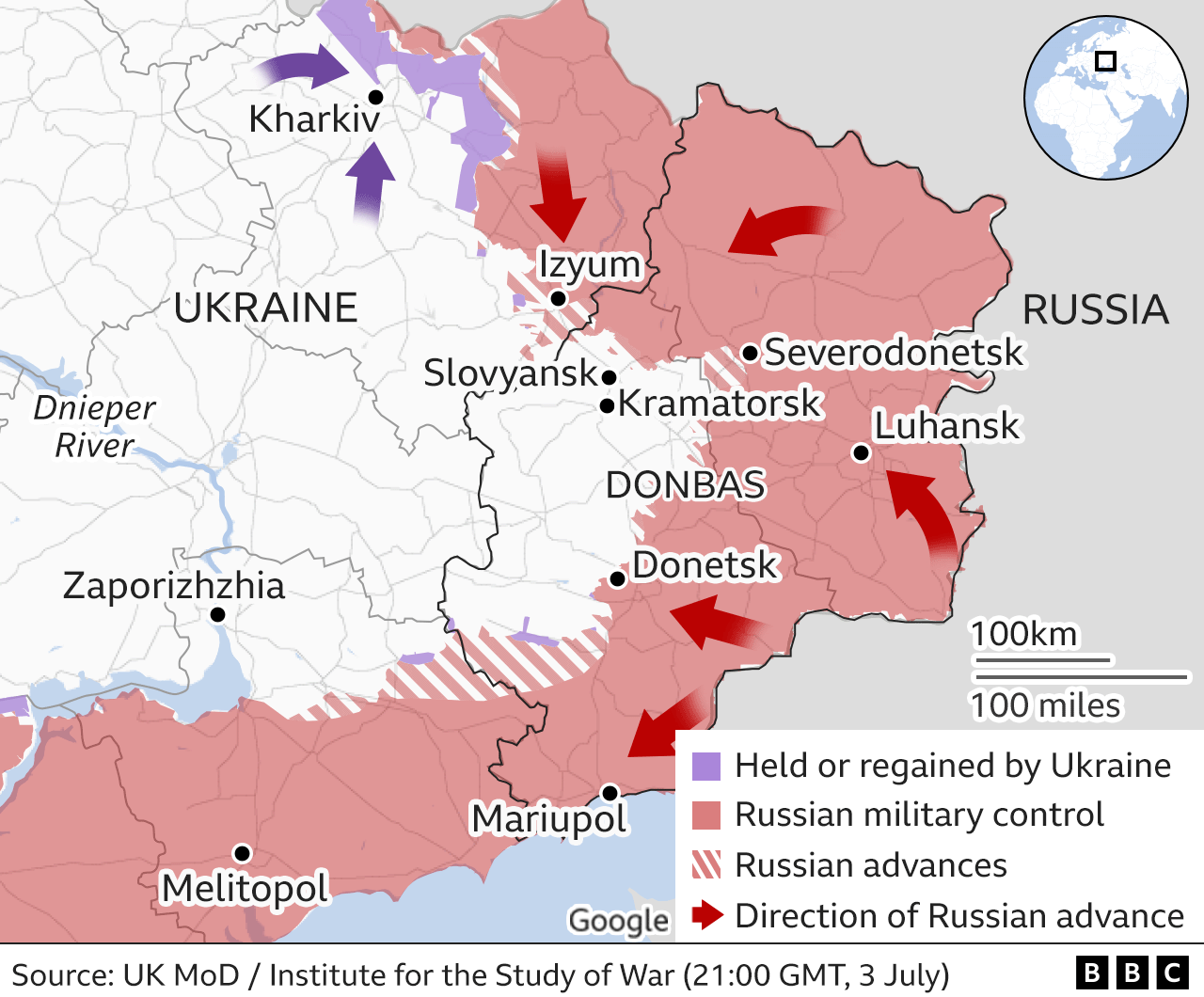 Карта востока Украины с указанием территорий, контролируемых Россией, обновлена ​​4 июля.