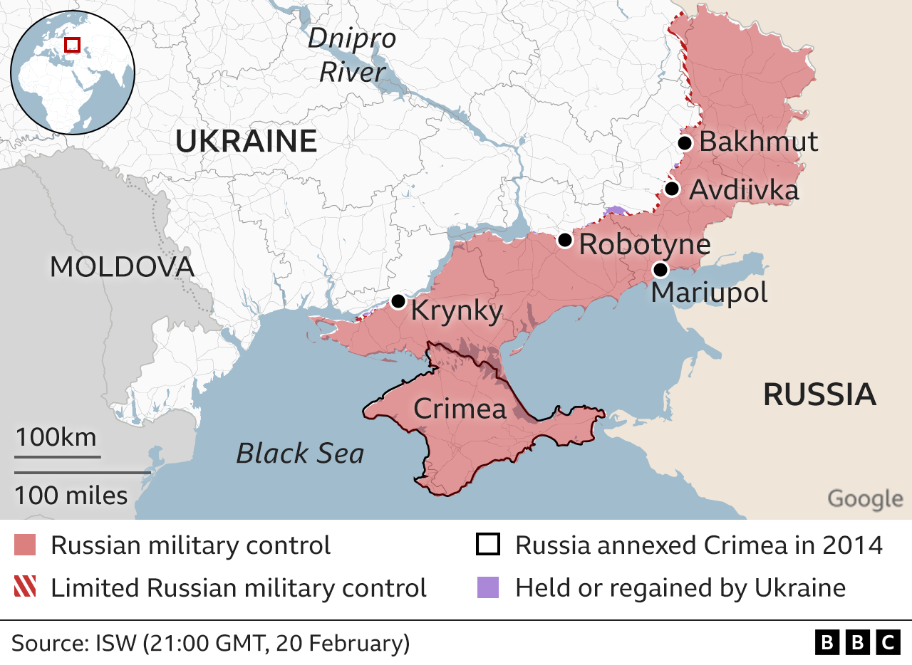 Map showing the front line in Ukraine and highlighting Avdiivka, Bakhmut, Robotyne and Krynky