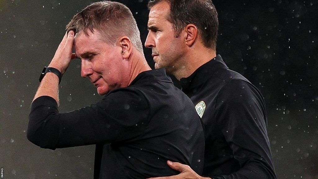 Assistant coach John O'Shea consoles Stephen Kenny after Sunday's game