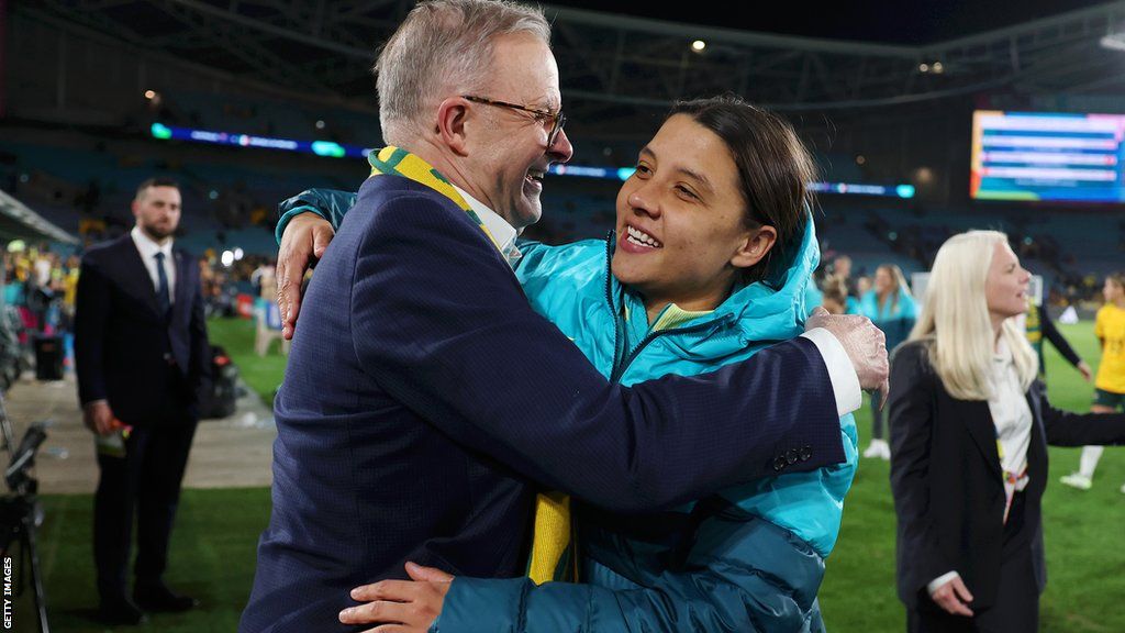 Sam Kerr and Prime Minister Anthony Albanese hug after Australia's opening Women's World Cup win