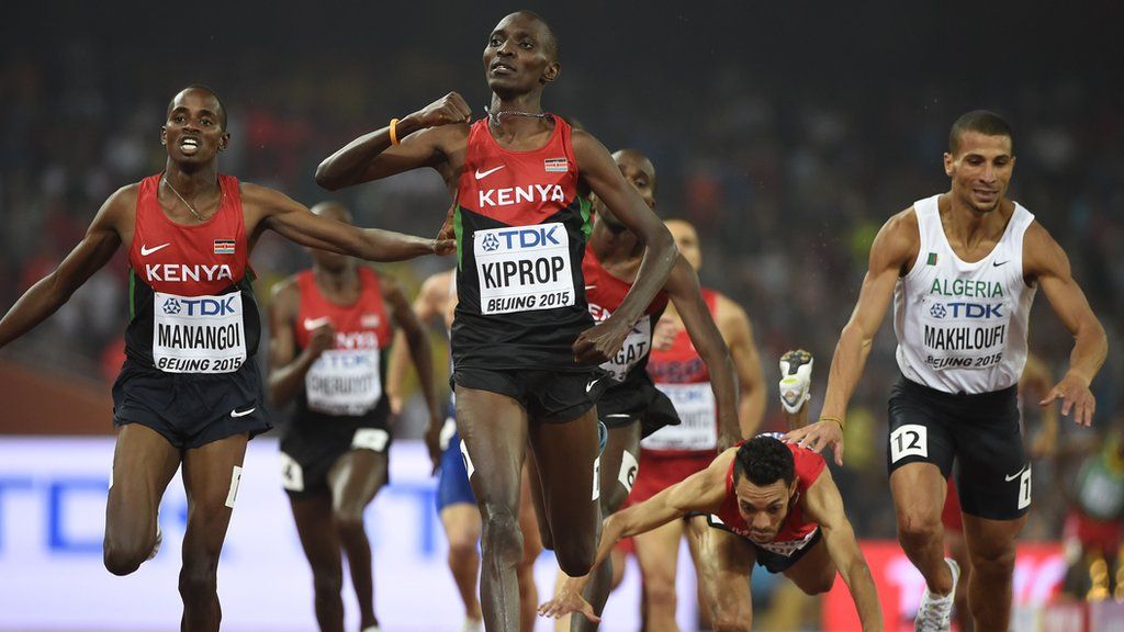 Kenya's Asbel Kiprop (centre) reacts after winning the men's 1500 metre race