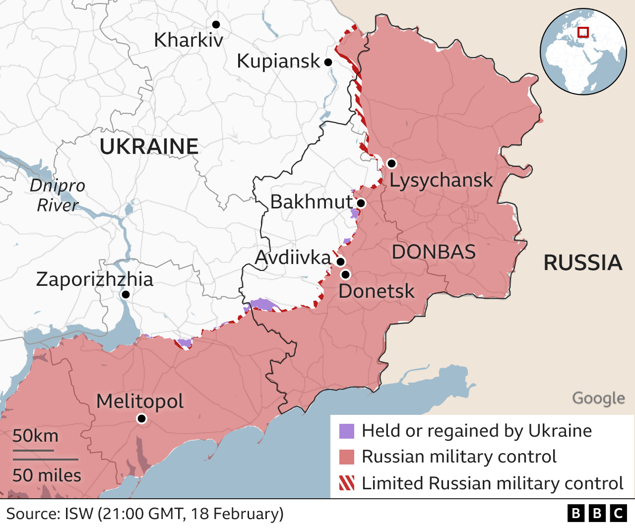 Map showing areas under Russian control and Ukrainian control, including Avdiivka
