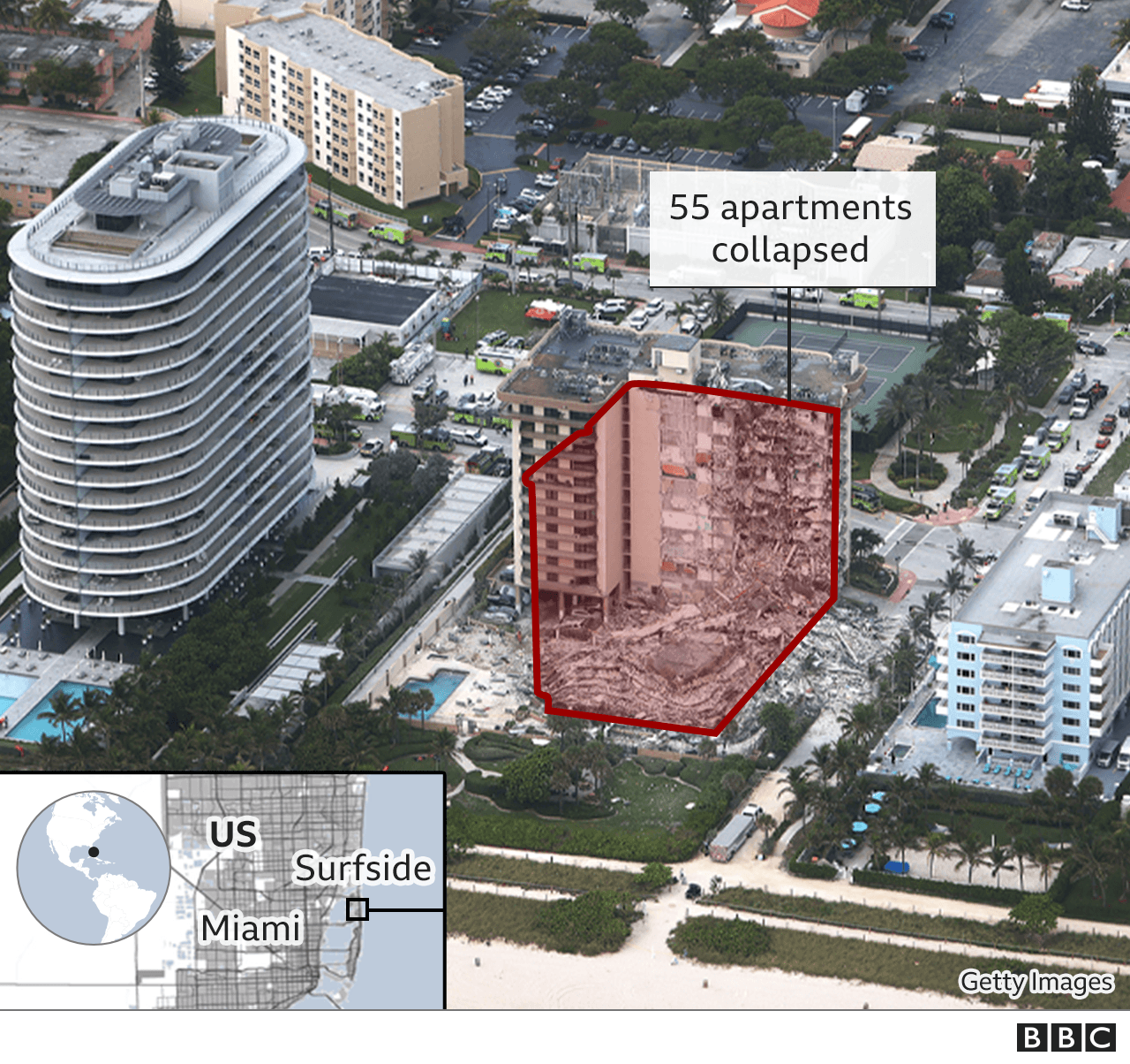 Карта, показывающая расположение рухнувшего здания к северу от Майами