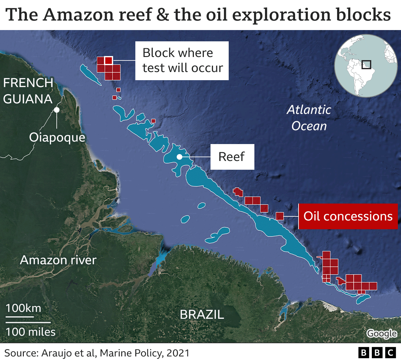A map showing the reef and the oil concession blocks