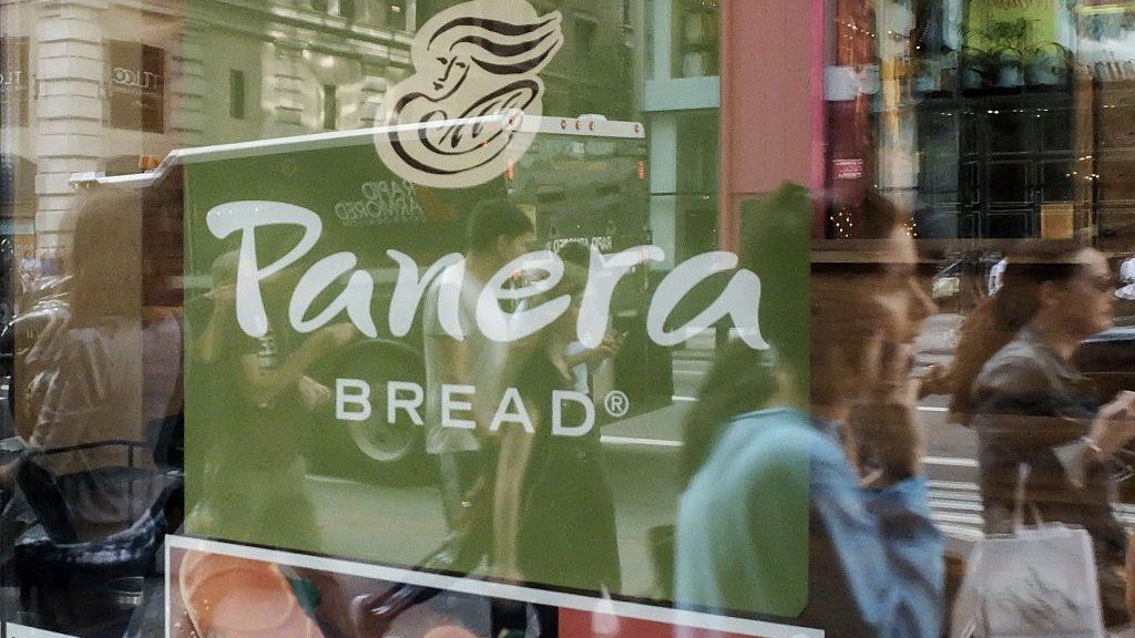 Panera Bread logo in shop window
