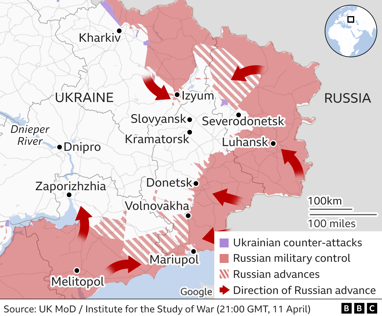 Map showing the Russian military advance into Ukraine from the east