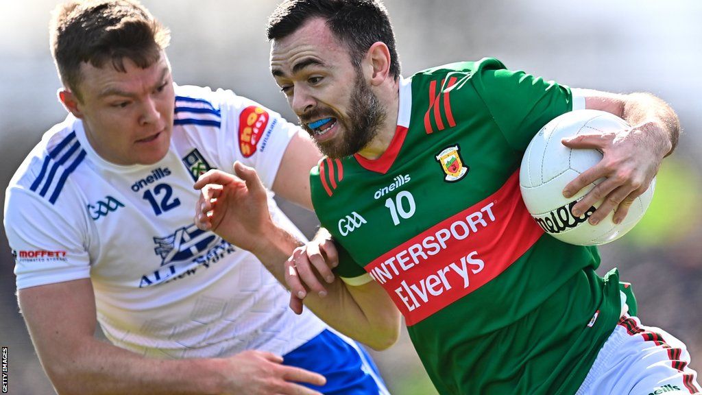 Mayo's Kevin McLoughlin attempts to get away from Monaghan's Conor McCarthy in Castlebar