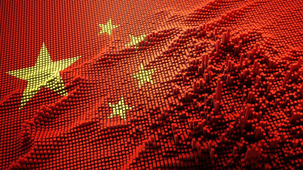Illustration of the chinese flag and a digital matrix