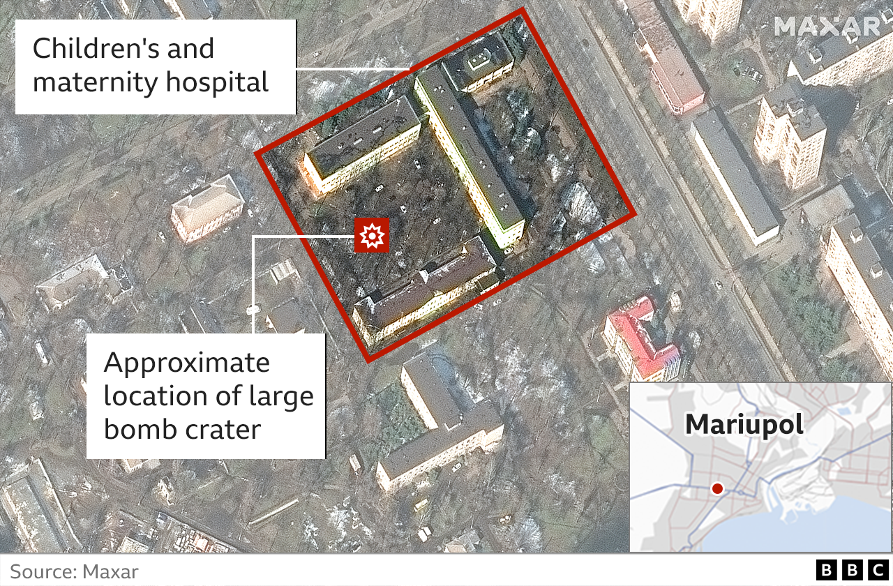 Annotated satellite image of the children's and maternity hospital in Mariupol before the bombing