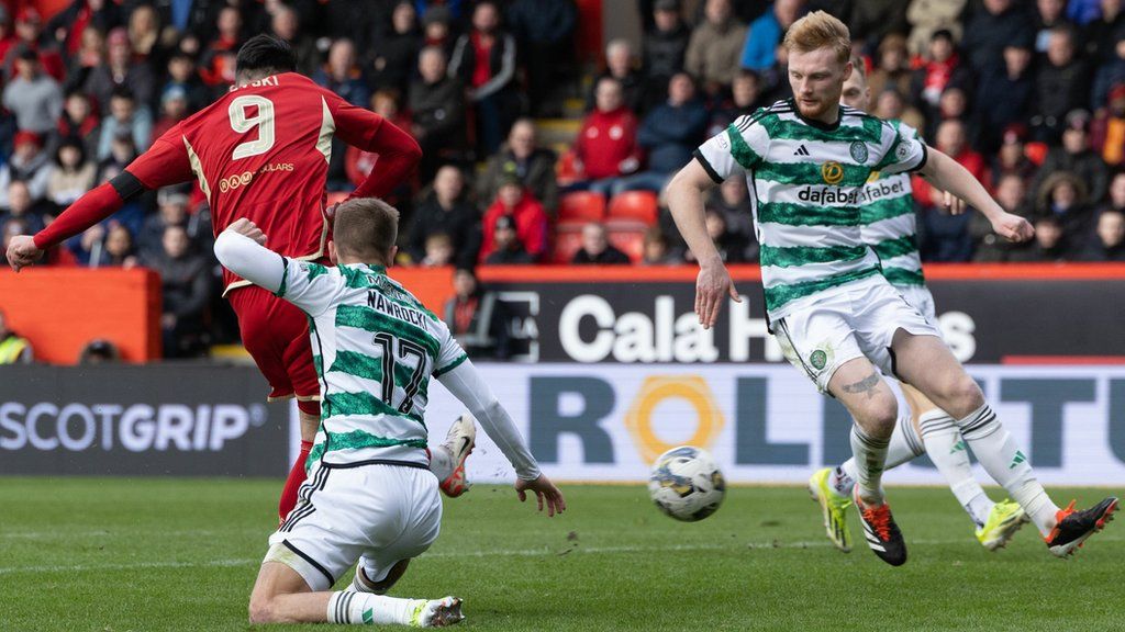 Bojan Miovski scores for Aberdeen against Celtic