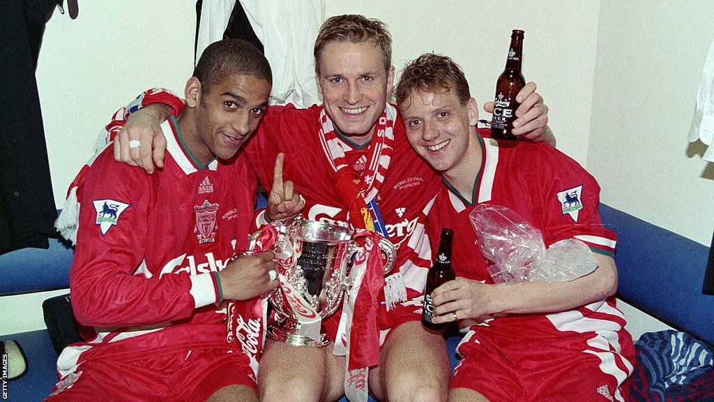 Phil Babb, John Scales and Rob Jones celebrate Liverpool's League Cup victory