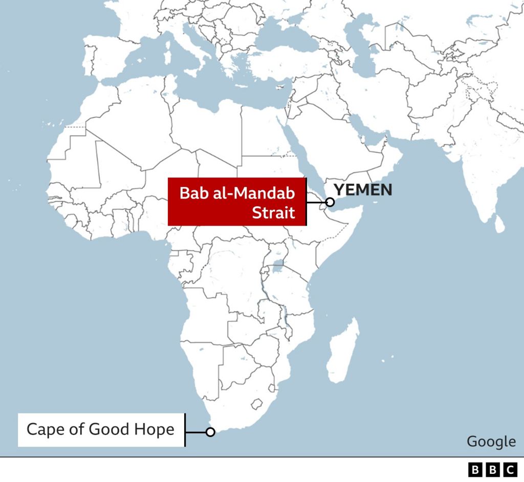 A map showing the Bab al-Mandab strait and the Cape of Good Hope
