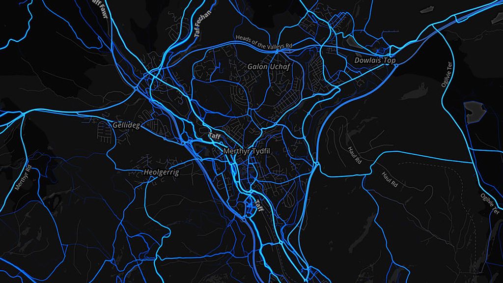 Merthyr Tydfil - cycling routes (by Strava users 2015)
