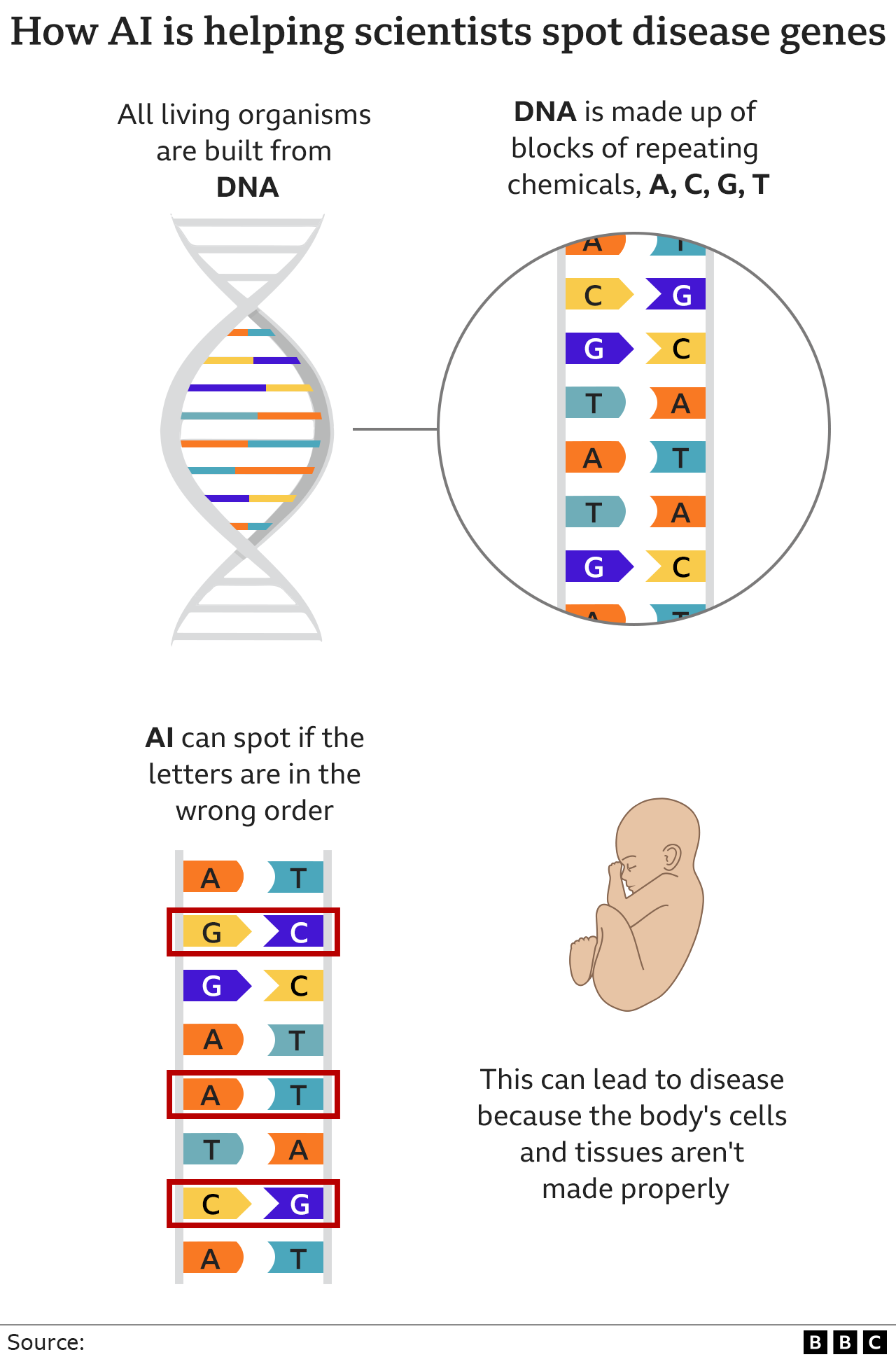 Graphic showing how faulty DNA causes disease