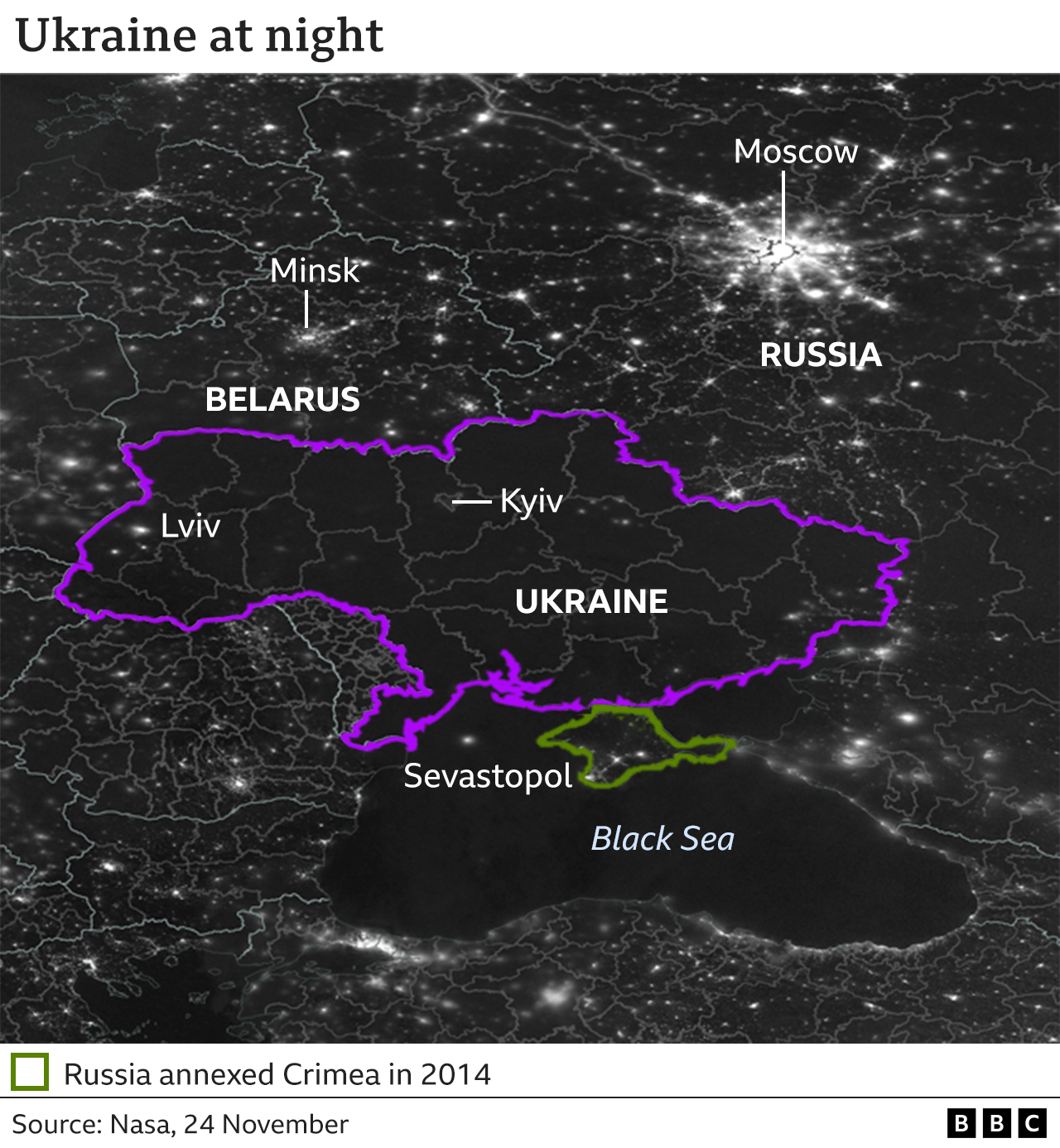 Map showing the areas in Ukraine at night that have lost power