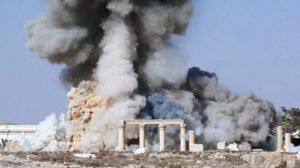 Still published by Islamic State purportedly showing the destruction of the Temple of Baalshamin in Palmyra, Syria