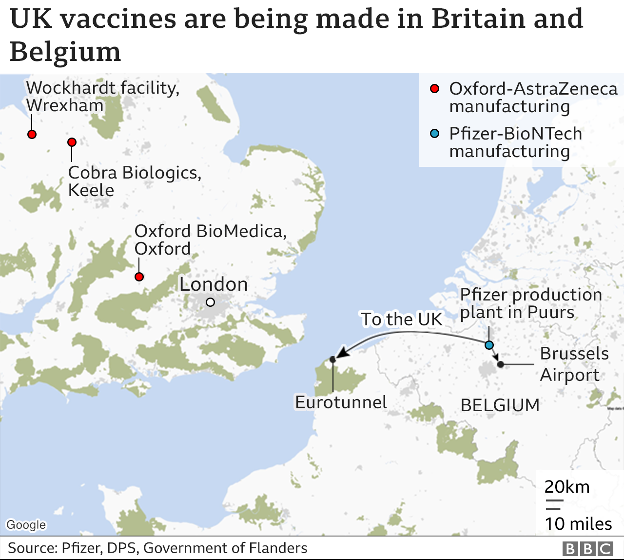 Map showing where the vaccines are made: Oxford in the UK and Pfizer in Belgium