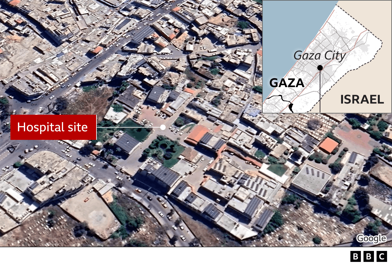 Спутниковая карта, показывающая расположение арабской больницы Аль-Ахли в городе Газа