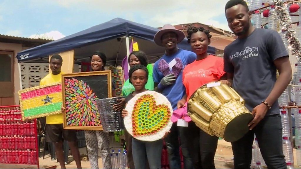 Makafui Awuku with team and recycled plastic goods