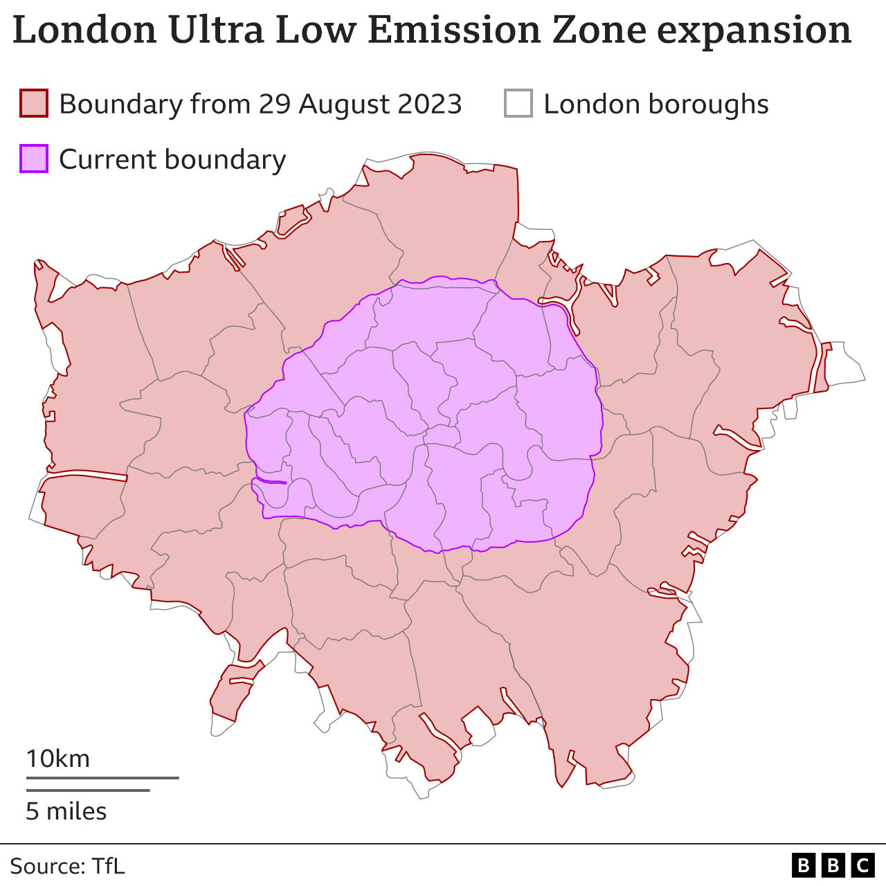 Map showing the existing Ultra Low Emission Zone in London and the boundary that will come into force at the end of August 2023
