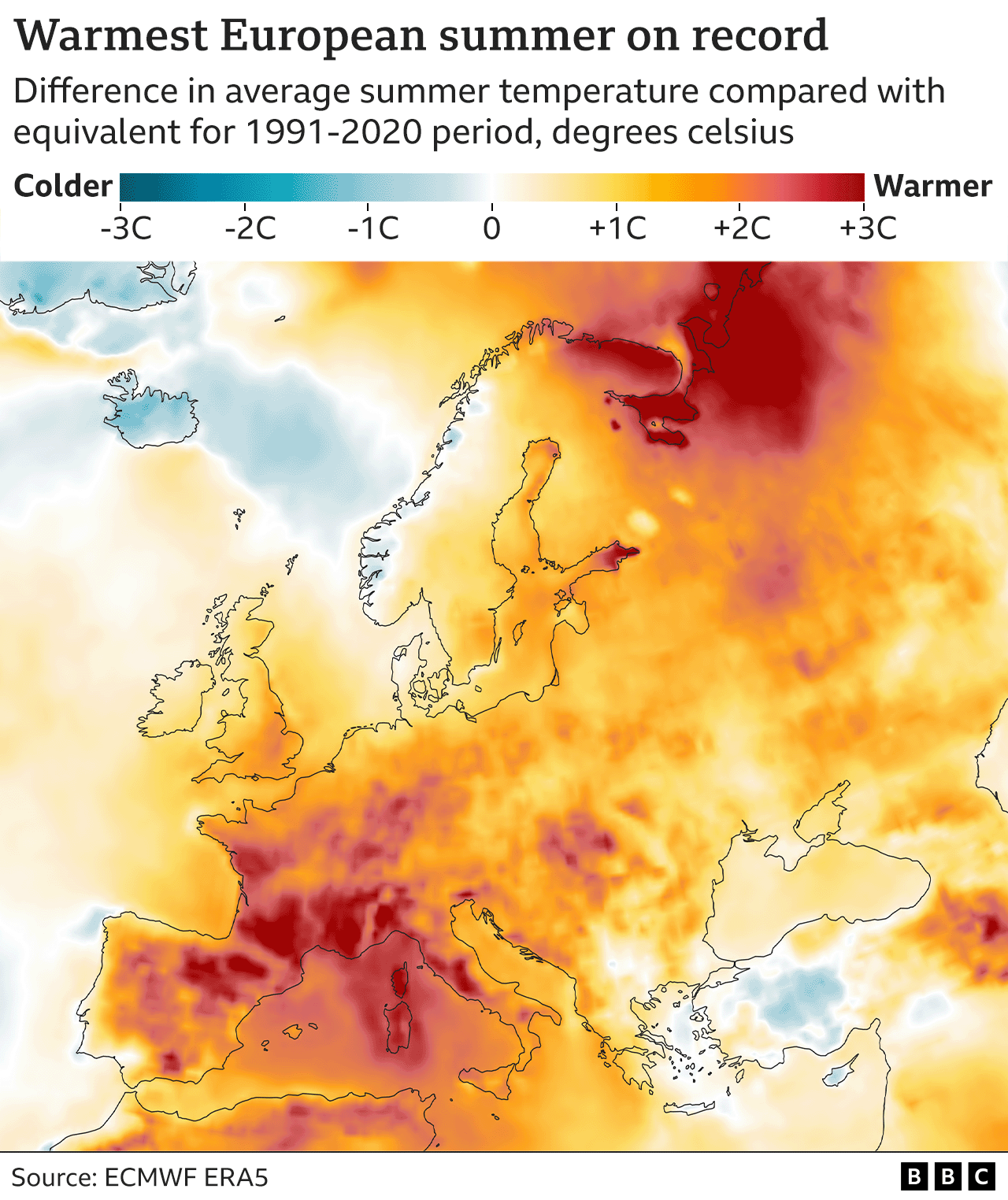 Карта, показывающая самое теплое лето в Европе за всю историю наблюдений, с указанием температур выше среднего (1991-2020 гг.) в районах южной Испании и Франции, в частности.