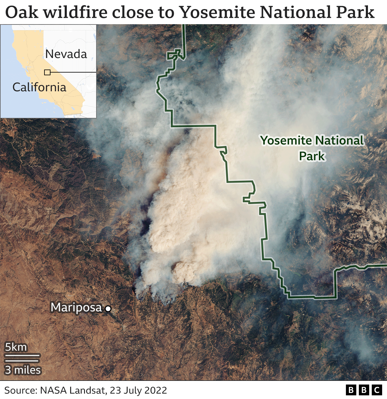 Location of oak wildfire close to Yosemite National Park