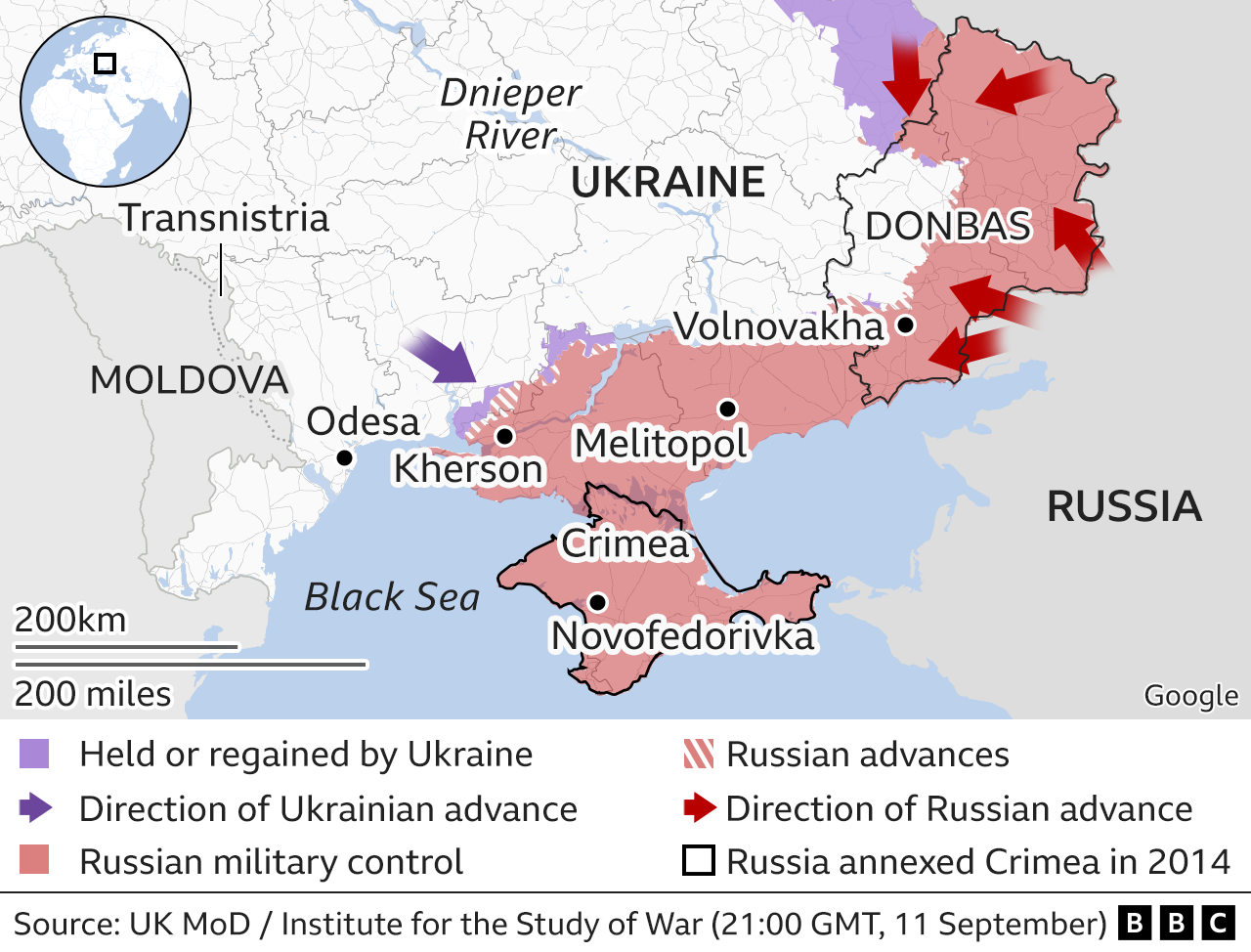 Map showing the south of Ukraine. 12 Sept