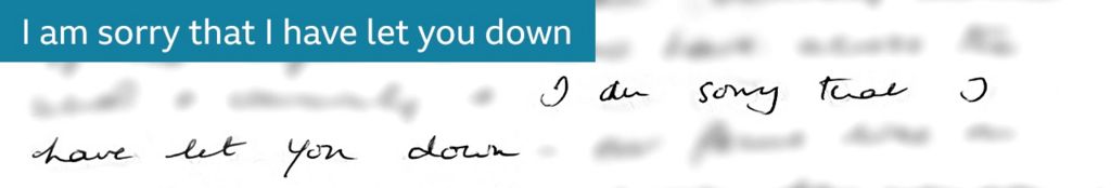 A handwritten note which reads: I am sorry that I have let you down