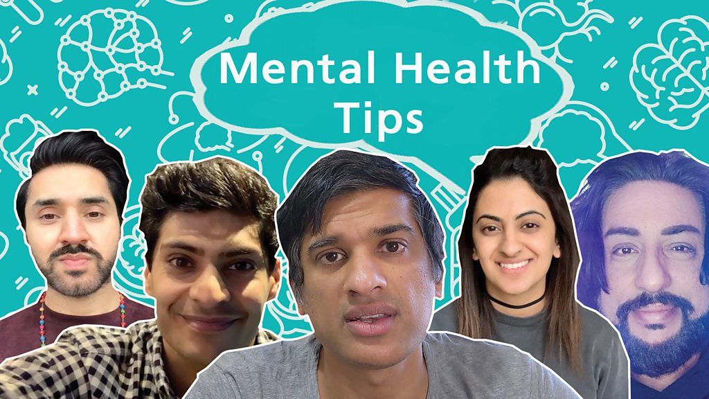 Mobeen Azhar, Qasa Alom, Dr Rangan Chatterjee, Harpz Kaur and Bobby Friction in front of a mental health graphic