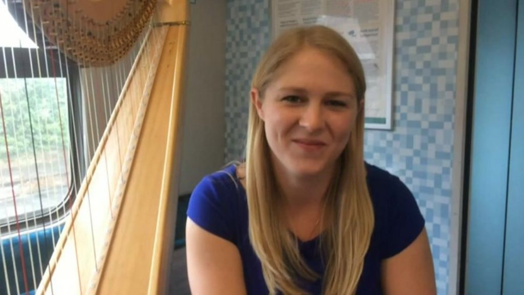 Harpist entertains rail passengers on Harlech train