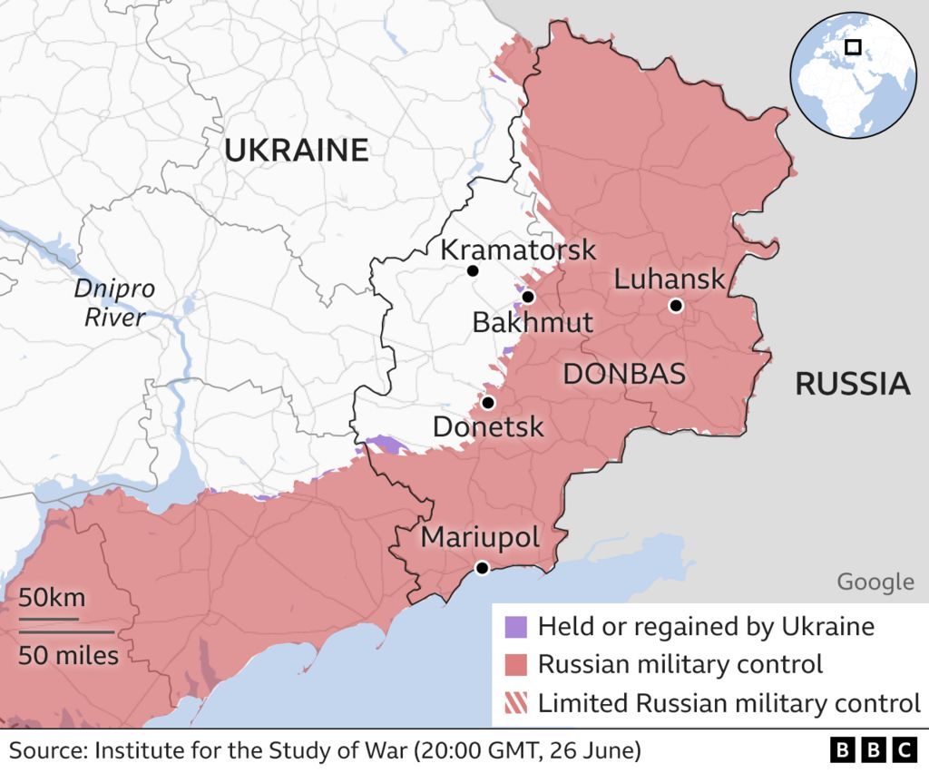 Карта, показывающая районы восточной Украины, удерживаемые российскими и украинскими войсками