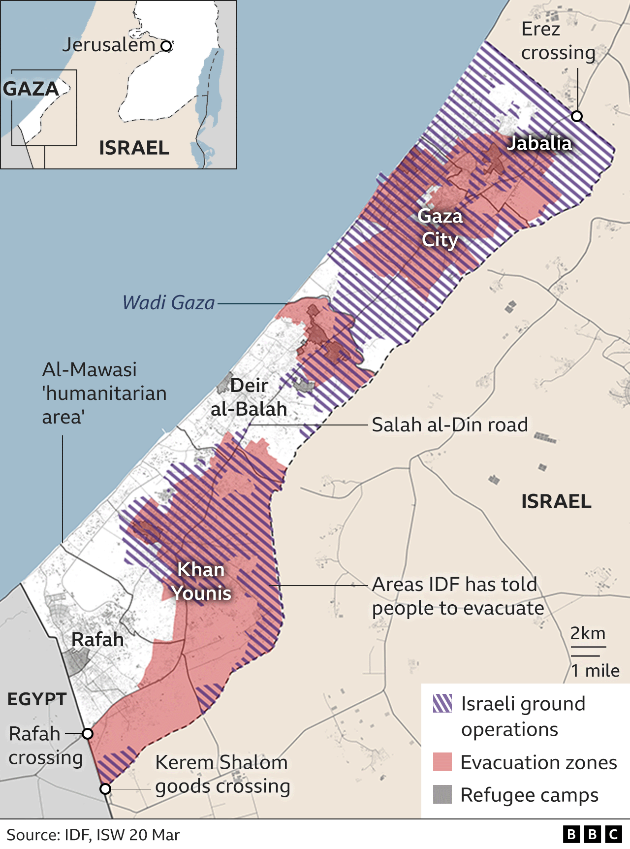 Map showing Israeli operations and evacuation areas