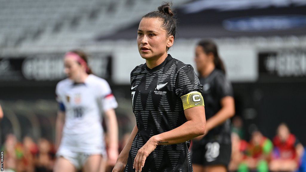 Ali Riley playing for New Zealand against the United States